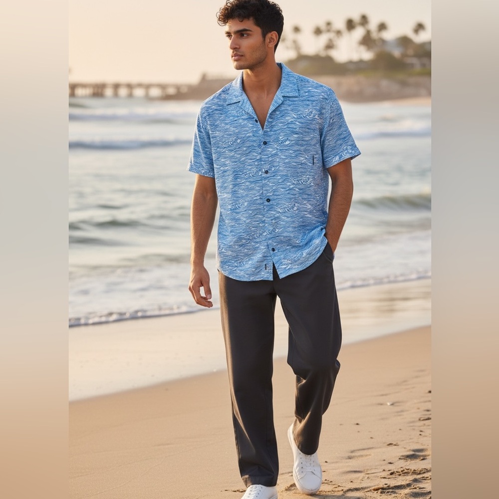 Baja Llama Casual Short-Sleeve Button-Down Shirt - Blue Wave Print